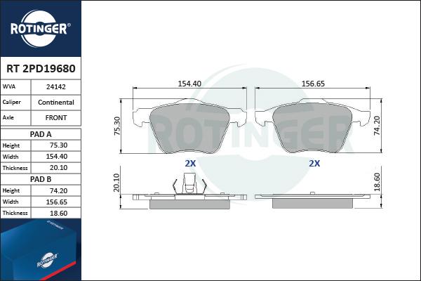 Rotinger RT 2PD19680 - Тормозные колодки, дисковые, комплект autosila-amz.com