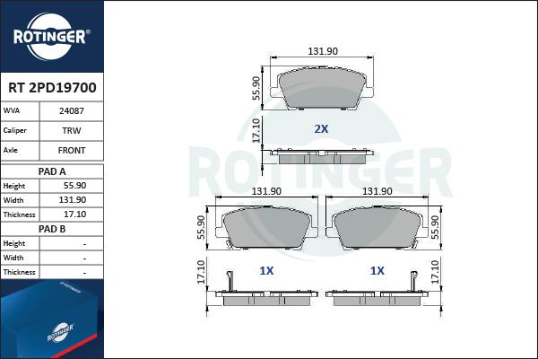 Rotinger RT 2PD19700 - Тормозные колодки, дисковые, комплект autosila-amz.com