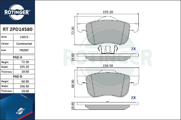 Rotinger RT 2PD14580 - Тормозные колодки, дисковые, комплект autosila-amz.com