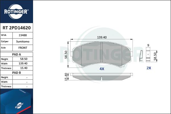 Rotinger RT 2PD14620 - Тормозные колодки, дисковые, комплект autosila-amz.com