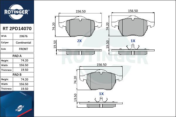 Rotinger RT 2PD14070 - Тормозные колодки, дисковые, комплект autosila-amz.com