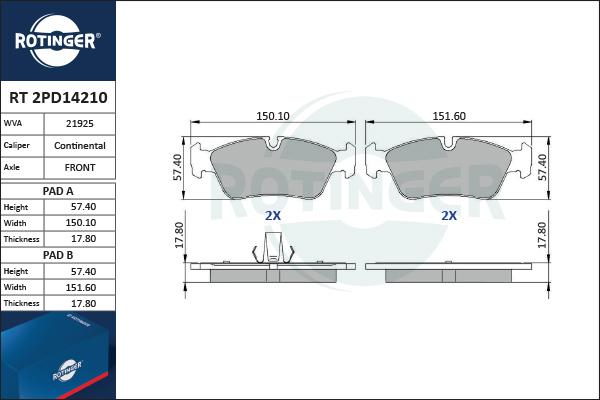 Rotinger RT 2PD14210 - Тормозные колодки, дисковые, комплект autosila-amz.com