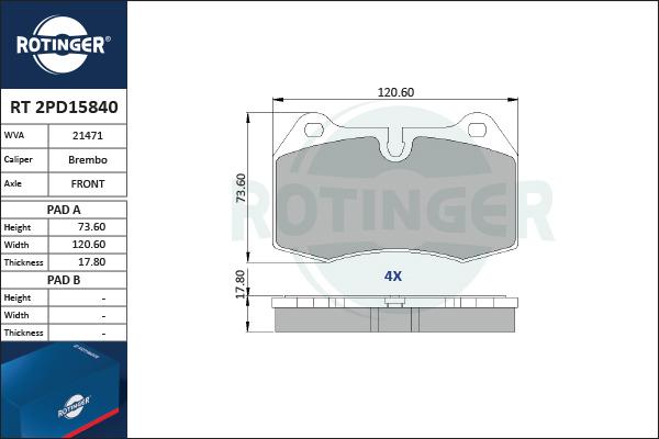 Rotinger RT 2PD15840 - Тормозные колодки, дисковые, комплект autosila-amz.com