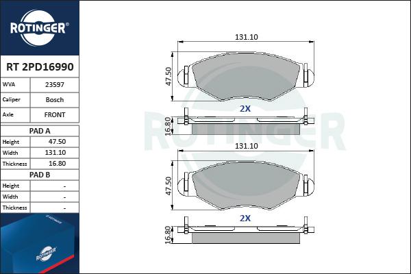 Rotinger RT 2PD16990 - Тормозные колодки, дисковые, комплект autosila-amz.com