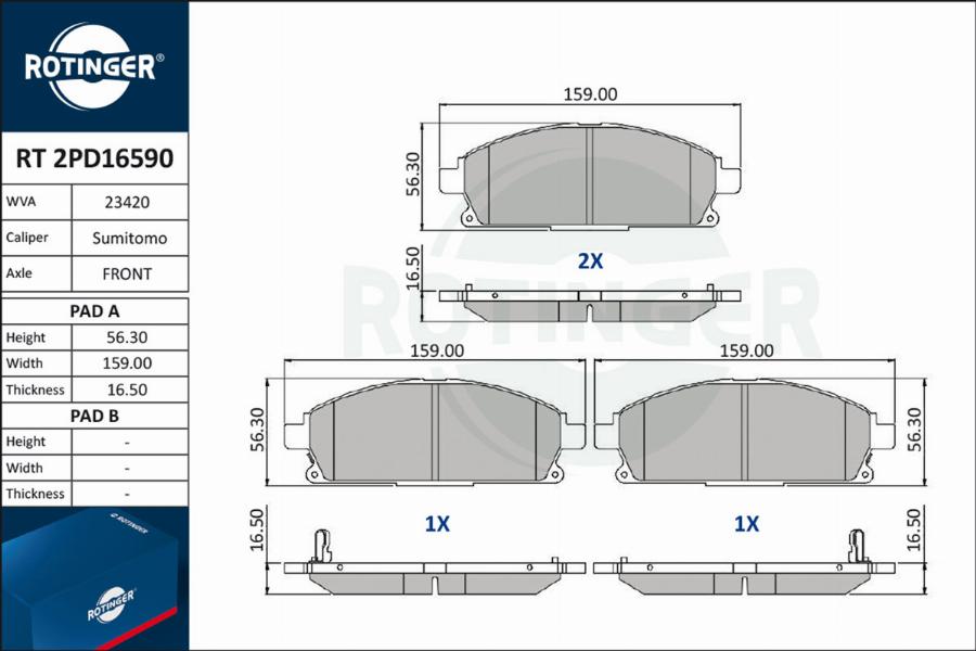 Rotinger RT 2PD16590 - Тормозные колодки, дисковые, комплект autosila-amz.com