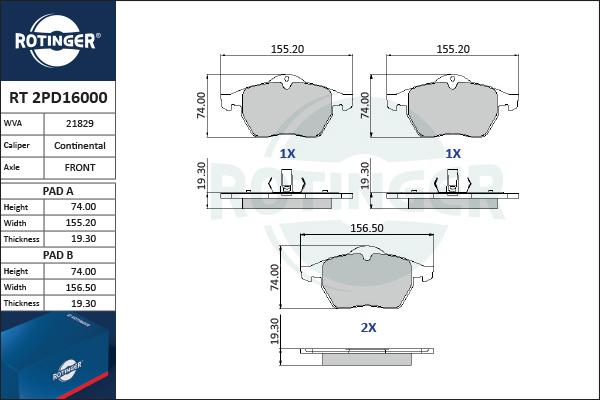 Rotinger RT 2PD16000 - Тормозные колодки, дисковые, комплект autosila-amz.com