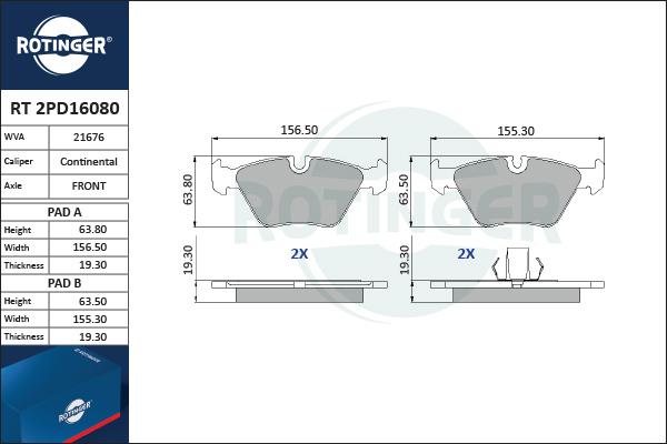 Rotinger RT 2PD16080 - Тормозные колодки, дисковые, комплект autosila-amz.com