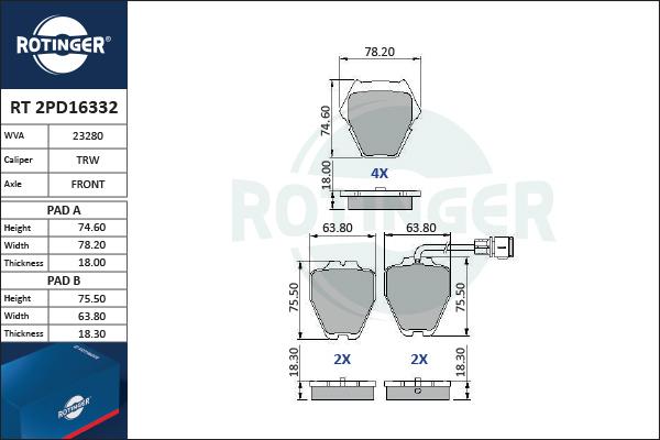 Rotinger RT 2PD16332 - Колодки тормозные дисковые с датчиком износа autosila-amz.com