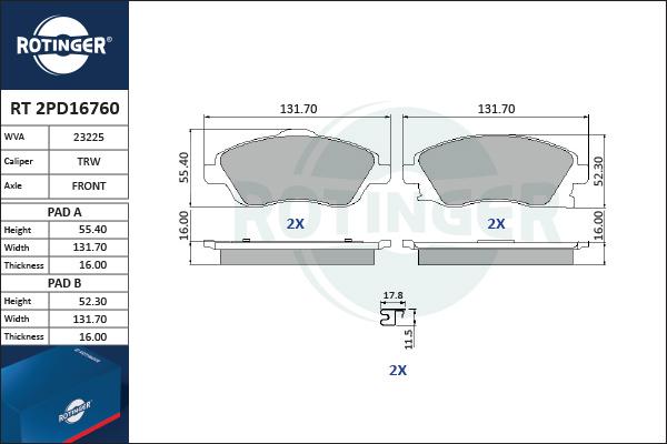 Rotinger RT 2PD16760 - Тормозные колодки, дисковые, комплект autosila-amz.com