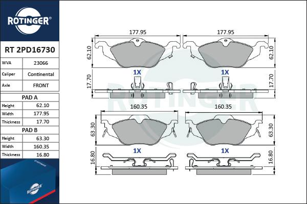 Rotinger RT 2PD16730 - Тормозные колодки, дисковые, комплект autosila-amz.com