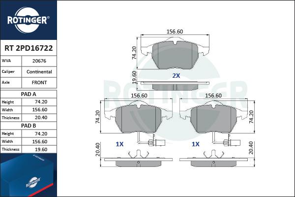 Rotinger RT 2PD16722 - Тормозные колодки, дисковые, комплект autosila-amz.com