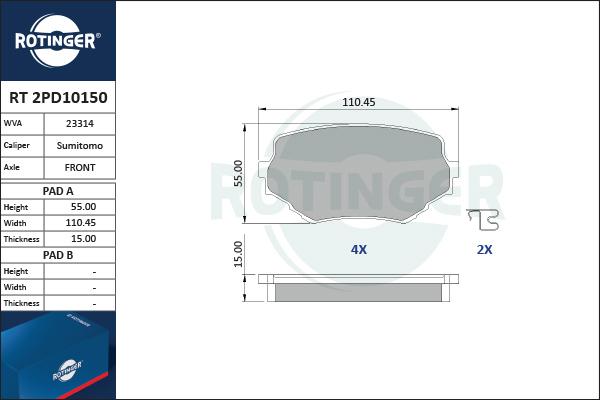 Rotinger RT 2PD10150 - Тормозные колодки, дисковые, комплект autosila-amz.com