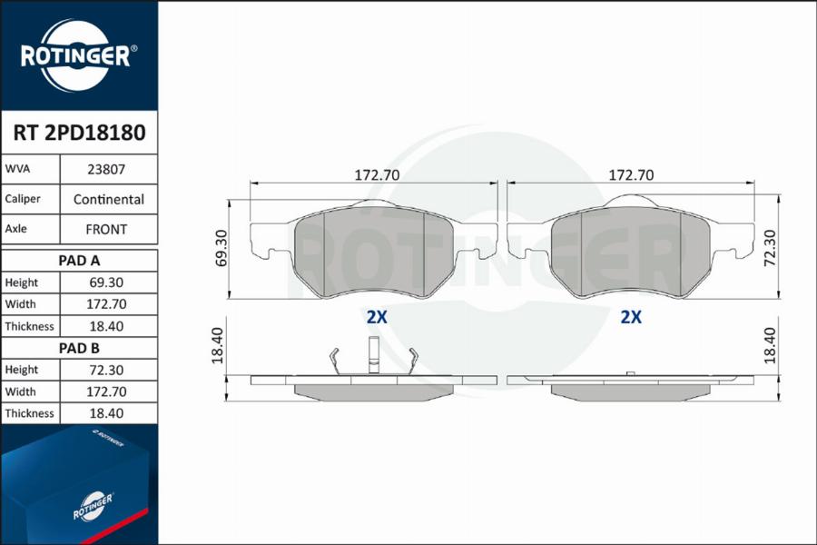 Rotinger RT 2PD18180 - Тормозные колодки, дисковые, комплект autosila-amz.com