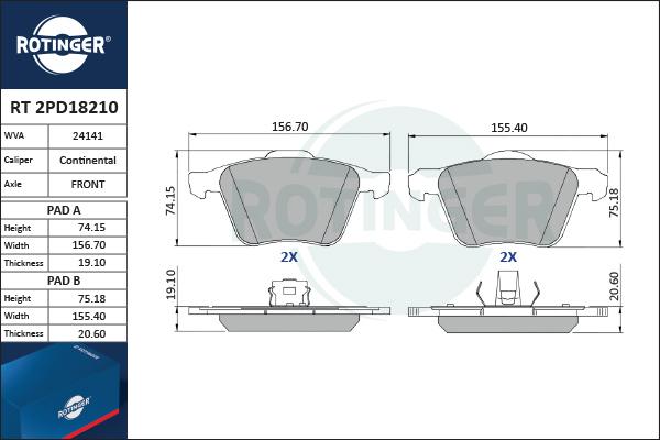 Rotinger RT 2PD18210 - Тормозные колодки, дисковые, комплект autosila-amz.com