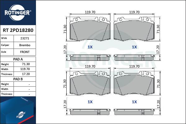 Rotinger RT 2PD18280 - Тормозные колодки, дисковые, комплект autosila-amz.com