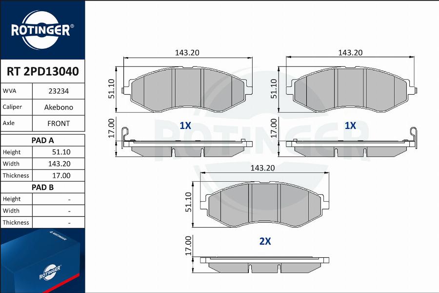 Rotinger RT 2PD13040 - Тормозные колодки, дисковые, комплект autosila-amz.com