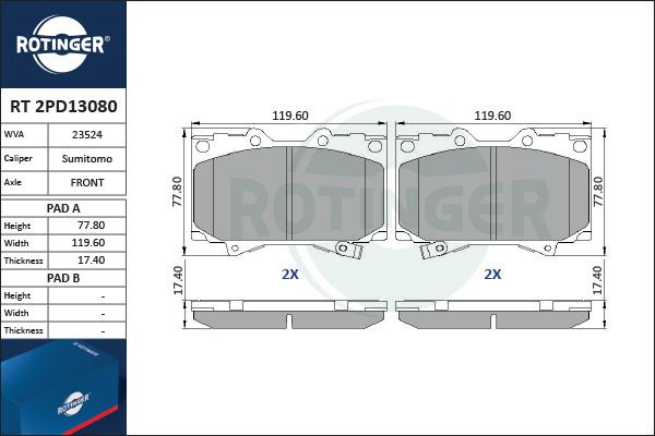 Rotinger RT 2PD13080 - Тормозные колодки, дисковые, комплект autosila-amz.com