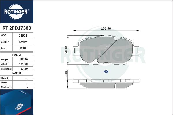 Rotinger RT 2PD17380 - Тормозные колодки, дисковые, комплект autosila-amz.com