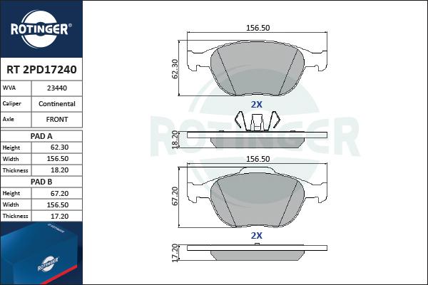 Rotinger RT 2PD17240 - Тормозные колодки, дисковые, комплект autosila-amz.com