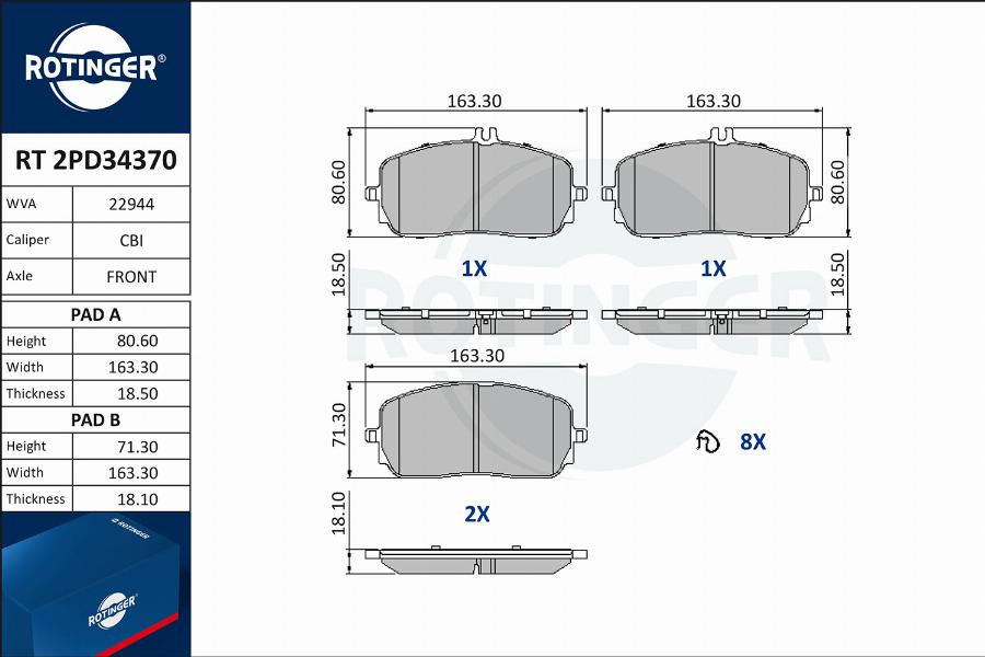 Rotinger RT 2PD34370 - Тормозные колодки, дисковые, комплект autosila-amz.com