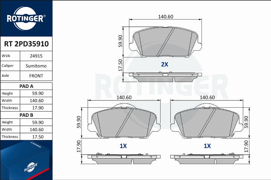 Rotinger RT 2PD35910 - Тормозные колодки, дисковые, комплект autosila-amz.com