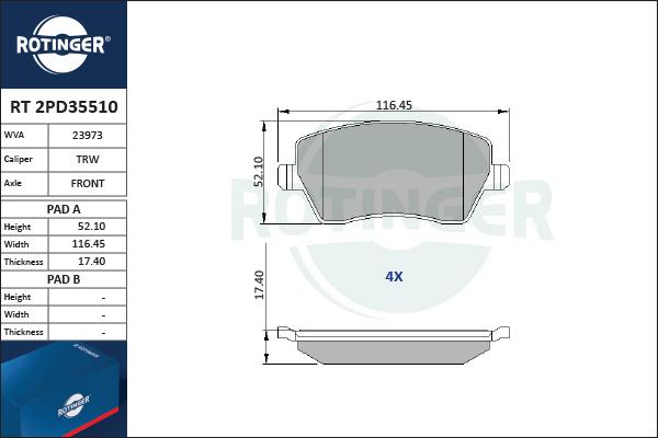 Rotinger RT 2PD35510 - Тормозные колодки, дисковые, комплект autosila-amz.com