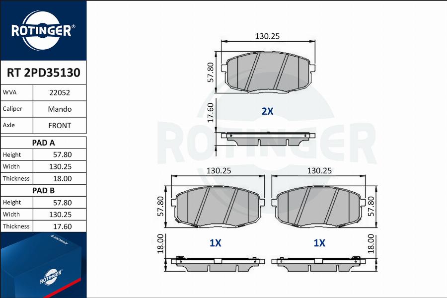 Rotinger RT 2PD35130 - Тормозные колодки, дисковые, комплект autosila-amz.com