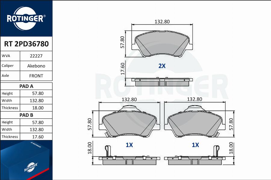 Rotinger RT 2PD36780 - Тормозные колодки, дисковые, комплект autosila-amz.com