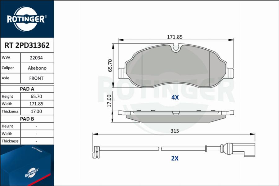 Rotinger RT 2PD31362 - Тормозные колодки, дисковые, комплект autosila-amz.com