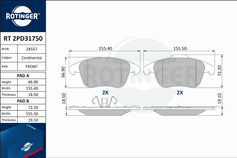 Rotinger RT 2PD31750 - Тормозные колодки, дисковые, комплект autosila-amz.com