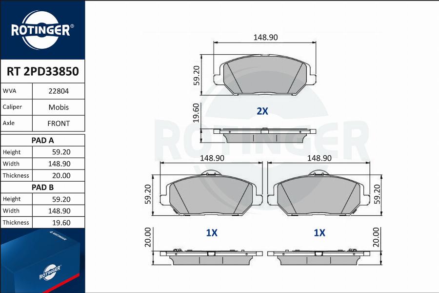 Rotinger RT 2PD33850 - Тормозные колодки, дисковые, комплект autosila-amz.com