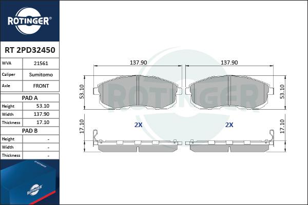 Rotinger RT 2PD32450 - Тормозные колодки, дисковые, комплект autosila-amz.com