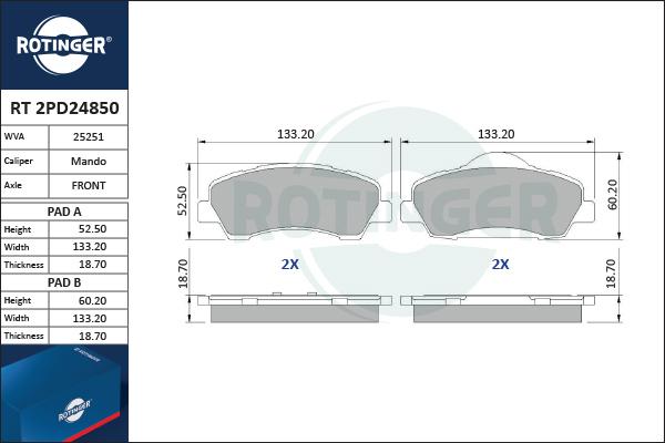 Rotinger RT 2PD24850 - Тормозные колодки, дисковые, комплект autosila-amz.com