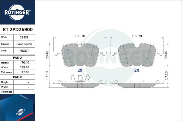 Rotinger RT 2PD26900 - Тормозные колодки, дисковые, комплект autosila-amz.com