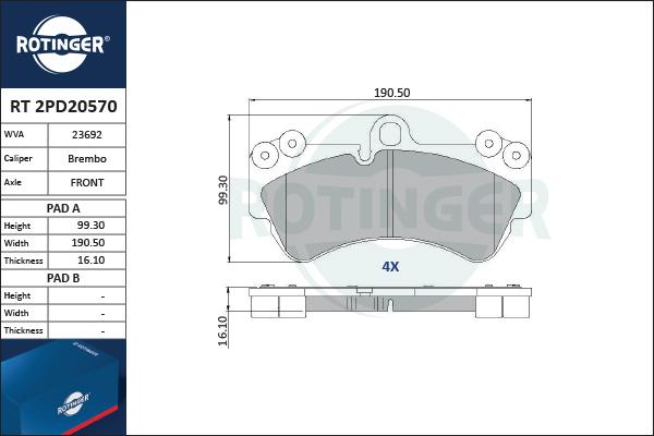 Rotinger RT 2PD20570 - Тормозные колодки, дисковые, комплект autosila-amz.com