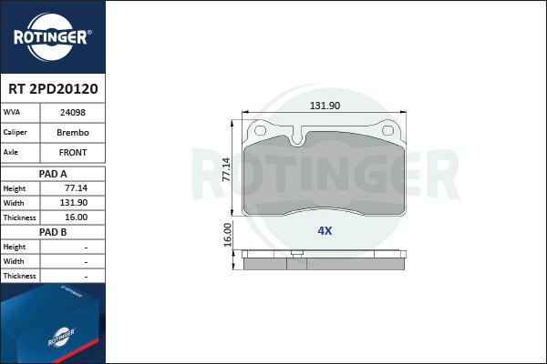 Rotinger RT 2PD20120 - Тормозные колодки, дисковые, комплект autosila-amz.com