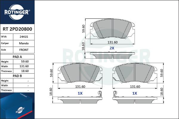 Rotinger RT 2PD20800 - Тормозные колодки, дисковые, комплект autosila-amz.com