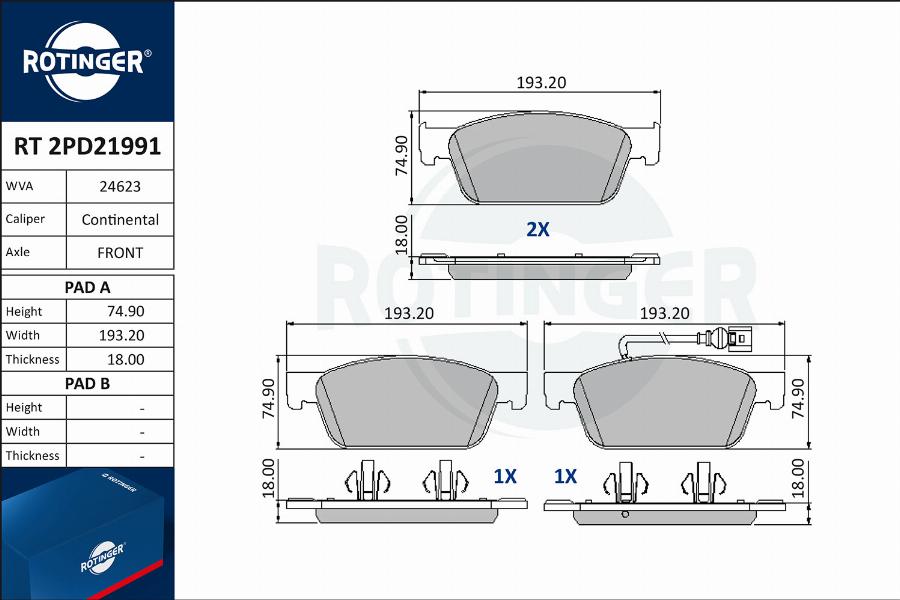 Rotinger RT 2PD21991 - Тормозные колодки, дисковые, комплект autosila-amz.com