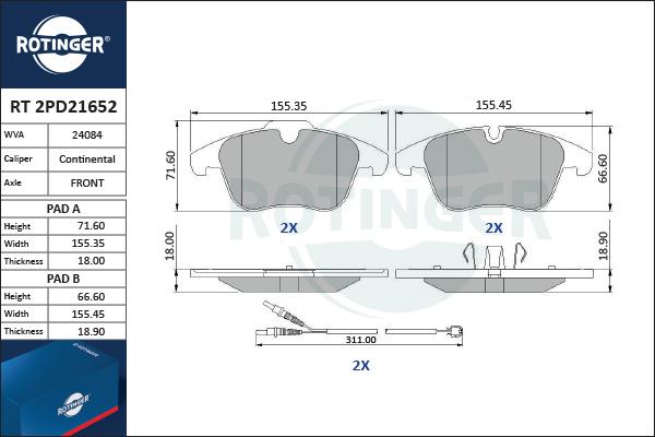 Rotinger RT 2PD21652 - Тормозные колодки, дисковые, комплект autosila-amz.com