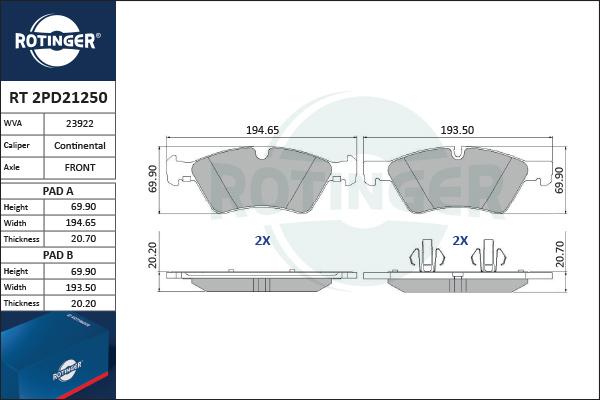 Rotinger RT 2PD21250 - Тормозные колодки, дисковые, комплект autosila-amz.com