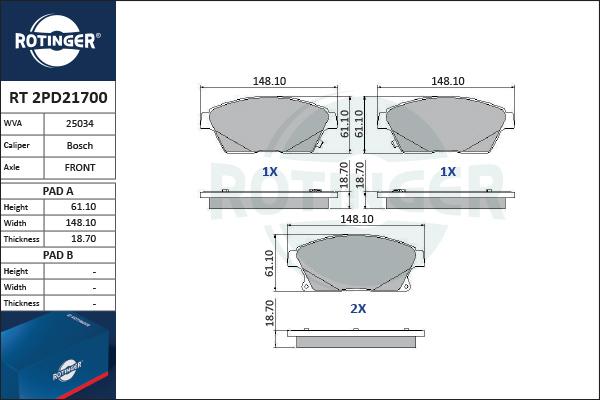 Rotinger RT 2PD21700 - Тормозные колодки, дисковые, комплект autosila-amz.com