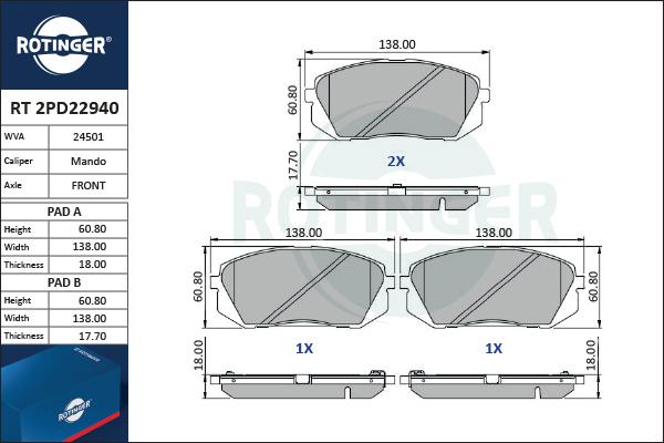 Rotinger RT 2PD22940 - Тормозные колодки, дисковые, комплект autosila-amz.com