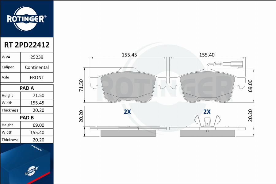 Rotinger RT 2PD22412 - Тормозные колодки, дисковые, комплект autosila-amz.com