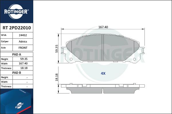 Rotinger RT 2PD22010 - Тормозные колодки, дисковые, комплект autosila-amz.com