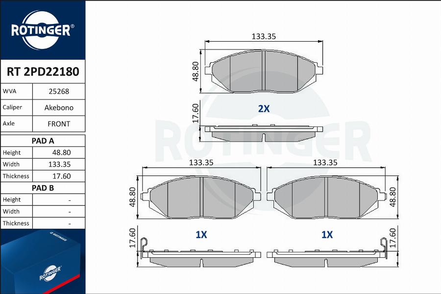 Rotinger RT 2PD22180 - Тормозные колодки, дисковые, комплект autosila-amz.com