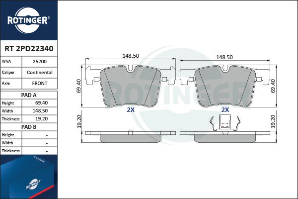 Rotinger RT 2PD22340 - Тормозные колодки, дисковые, комплект autosila-amz.com