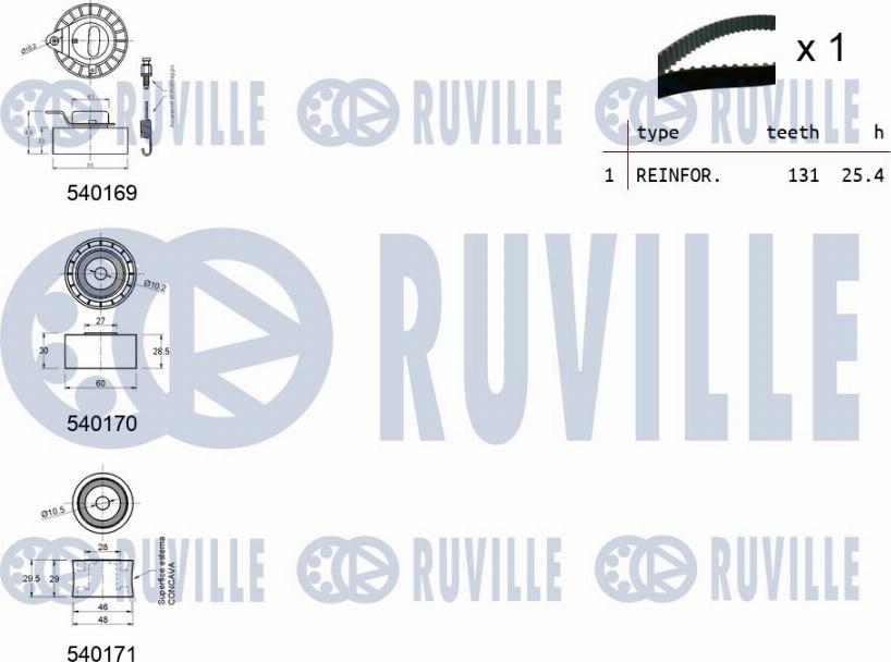 Ruville 550015 - Комплект ГРМ FORD 1.6/1.8 16V 1992 => (ролик 3шт+ремень 131x25.4) autosila-amz.com