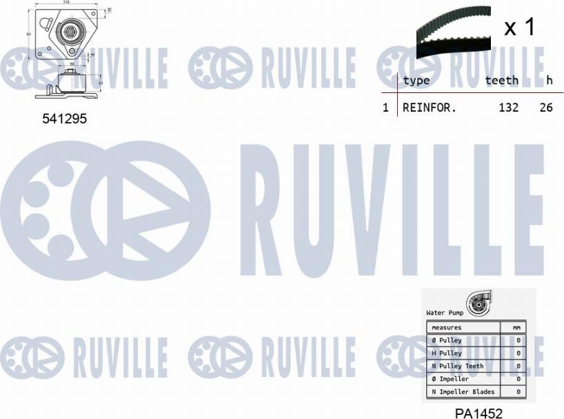 Ruville 5501132 - Комплект ГРМ с помпой NISSAN/OPEL/RENAULT/VOLVO 1.9 1999=> (1 ролик+ремень 132з.) autosila-amz.com