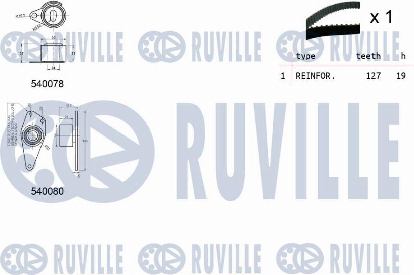 Ruville 550243 - Комплект ГРМ RENAULT ESPACE III/LAGUNA I/MEGANE I 2.0 1995 => (ролик 2шт+ремень 127x19) autosila-amz.com