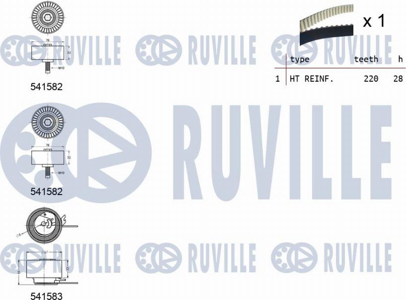 Ruville 550272 - Комплект ГРМ CHRYSLER VOYAGER/CHEROKEE 2.5/2.8CRD 1995 => (ролик 3шт+ремень 220x28) autosila-amz.com